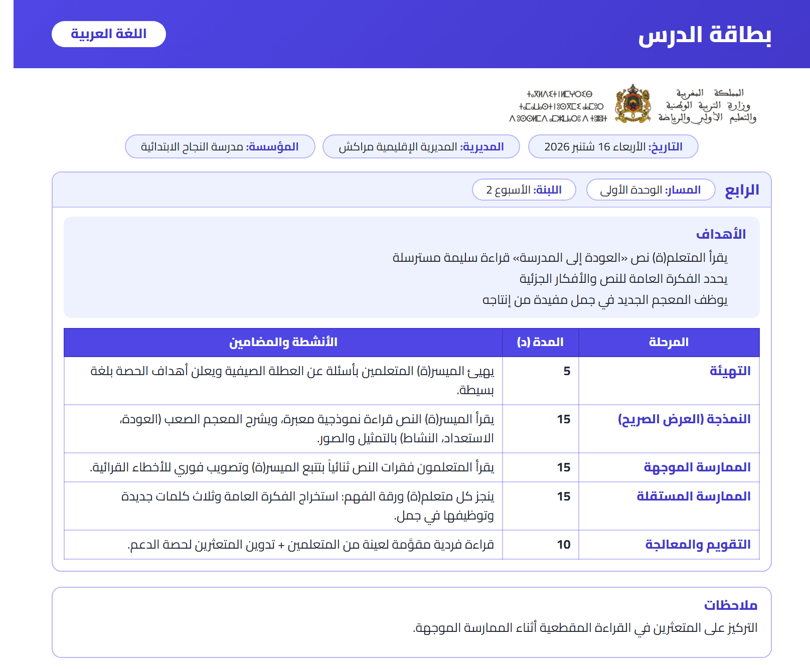 بطاقة درس اللغة العربية للمستوى الرابع بمراحل التعليم الصريح ومدّة كل مرحلة